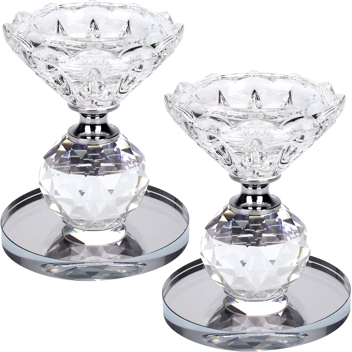Crystal Glass Candle Holders Set of 2, Diamond Cut Tealight Stands