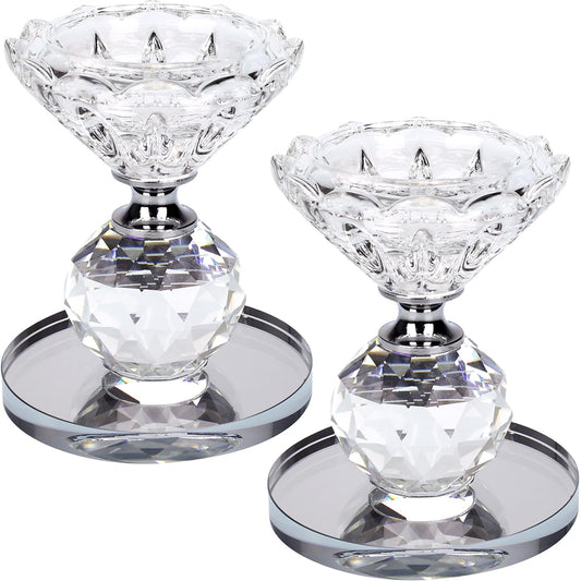 Crystal Glass Candle Holders Set of 2, Diamond Cut Tealight Stands