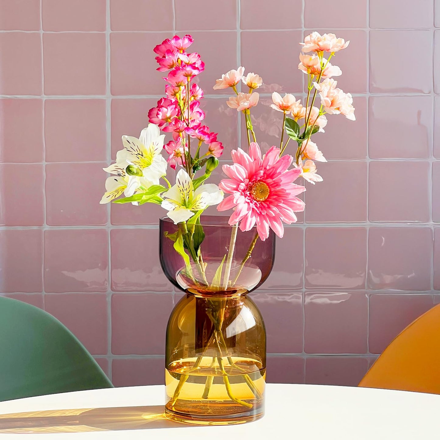 Cloudnola Large Reversible Glass Flower Vase and Bud Vase, Yellow and Pink, 9.5" Height x 5.6" Dia, Home, Wedding, and Event Decor