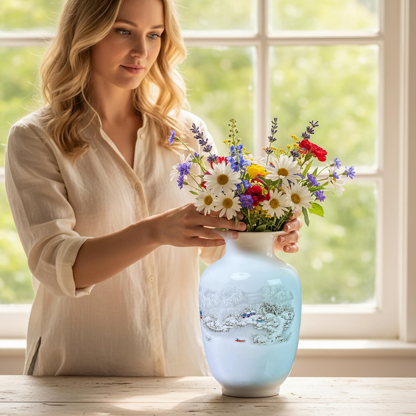 MTME Porcelain Figurines, Jingdezhen Decorative Flower vase, Melon Sr. Home Decor, Wedding Gifts, Aesthetic Sculpture Home décor (Peony Blue)