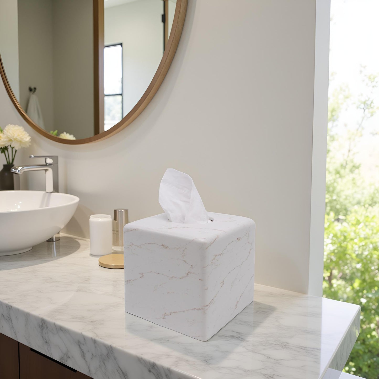 Huitony Square Tissue Box Cover Decorative Kleenex Box Holder for Bathroom & Living Room with Handcrafted Texture (Marble-B)