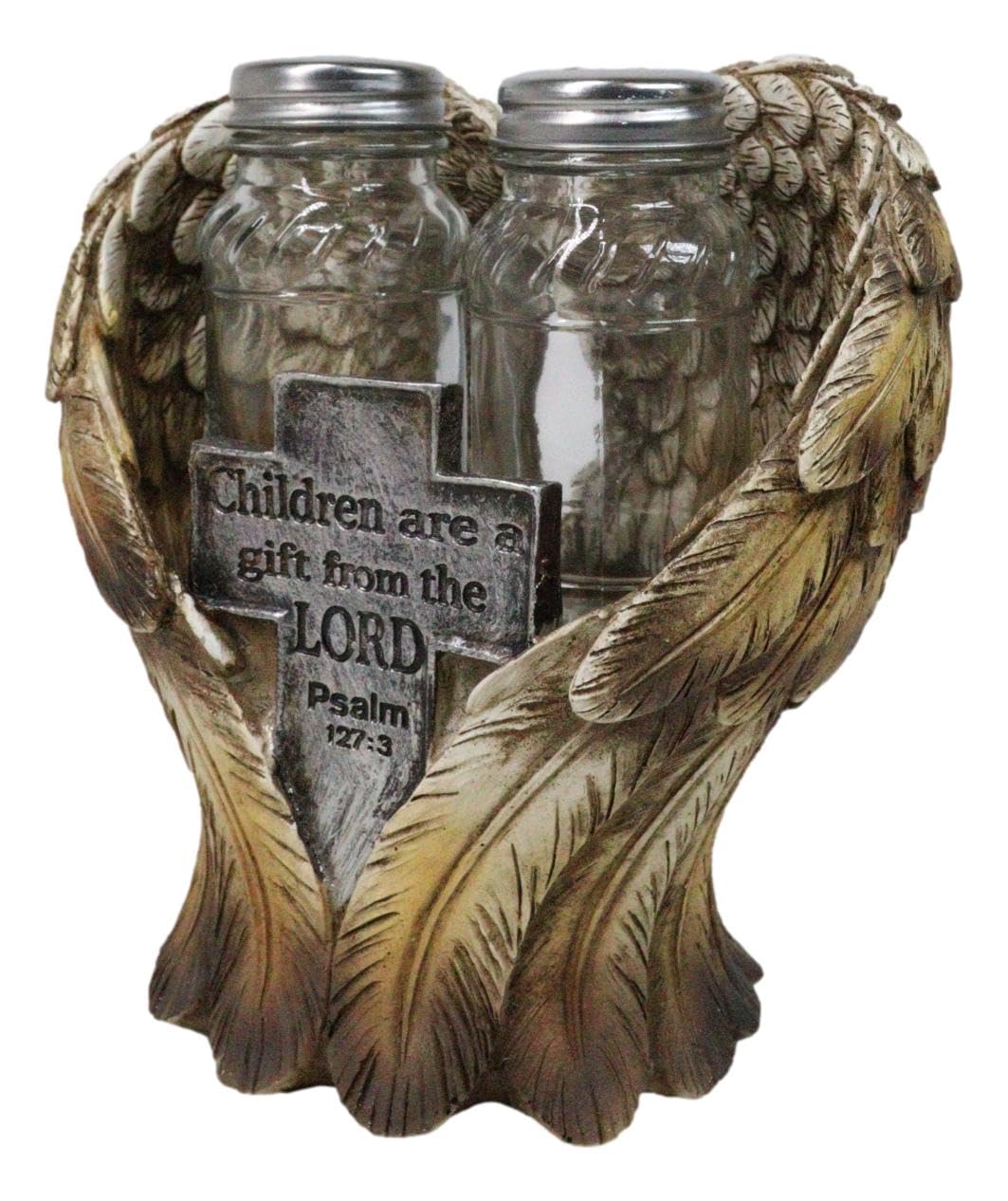 Ebros Gift Decorative Holy Cross Children Are A Gift From The Lord Psalms 127:3 Angel Wings Salt And Pepper Shakers Holder Set in Spiritual Religious Christian Decor Sculpture Kitchen Dining Accent