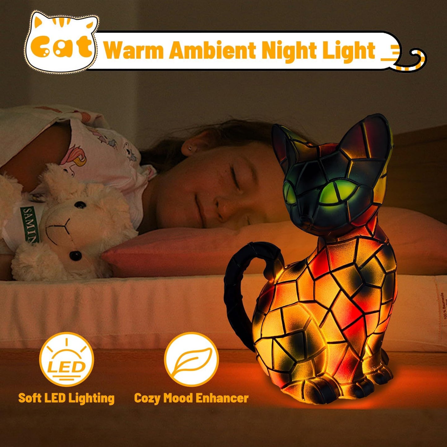 Technohom Cat Lamp – Stained Glass Cat Night Light, Cat Lamp Stained Glass Desk Decor for Home or Bedroom or Gifts