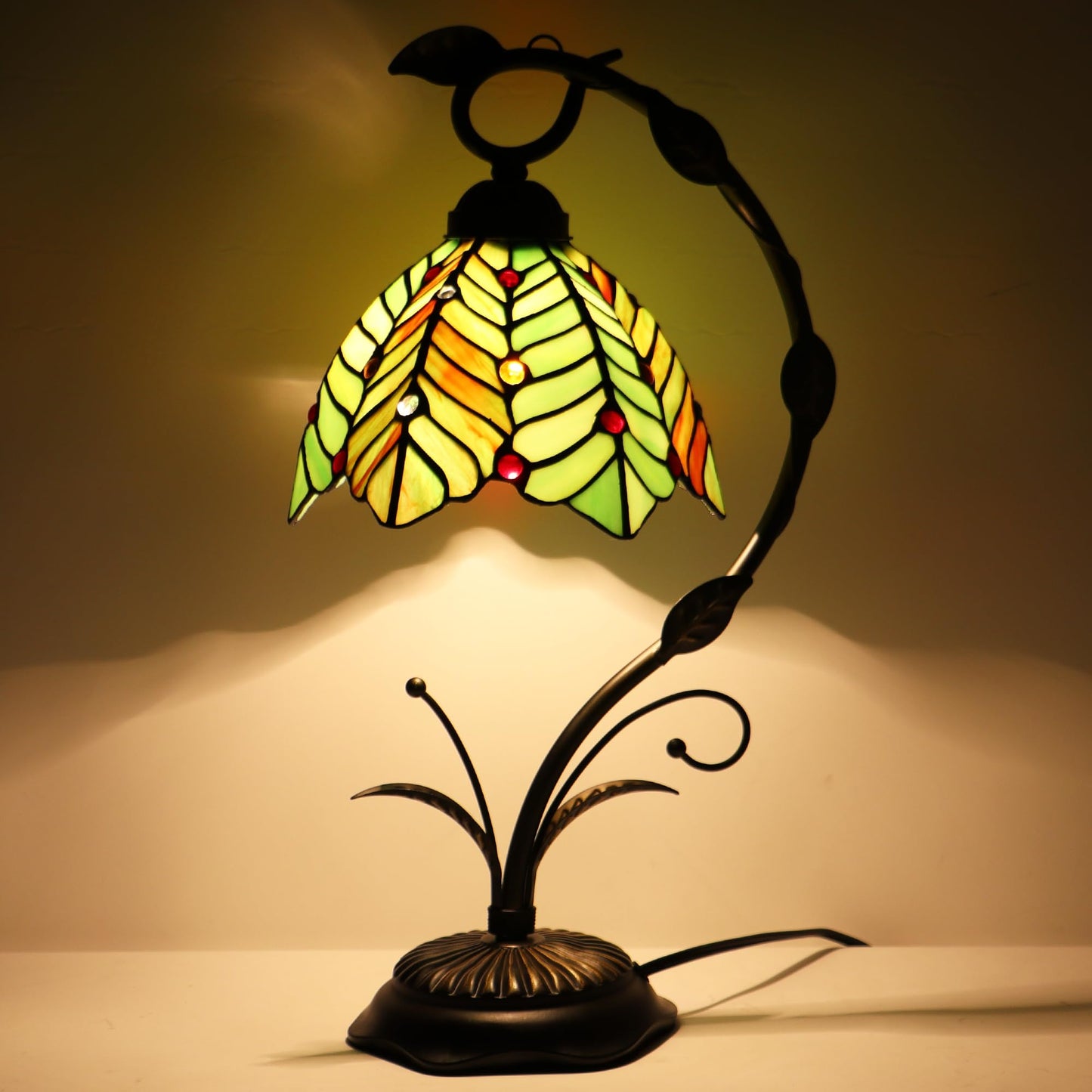 LXHCYOU Tiffany Table Lamp, Stained Glass Desk Reading Light, 8X10X19 Inches, Metal Leaf Base (Brown Green Leaf)