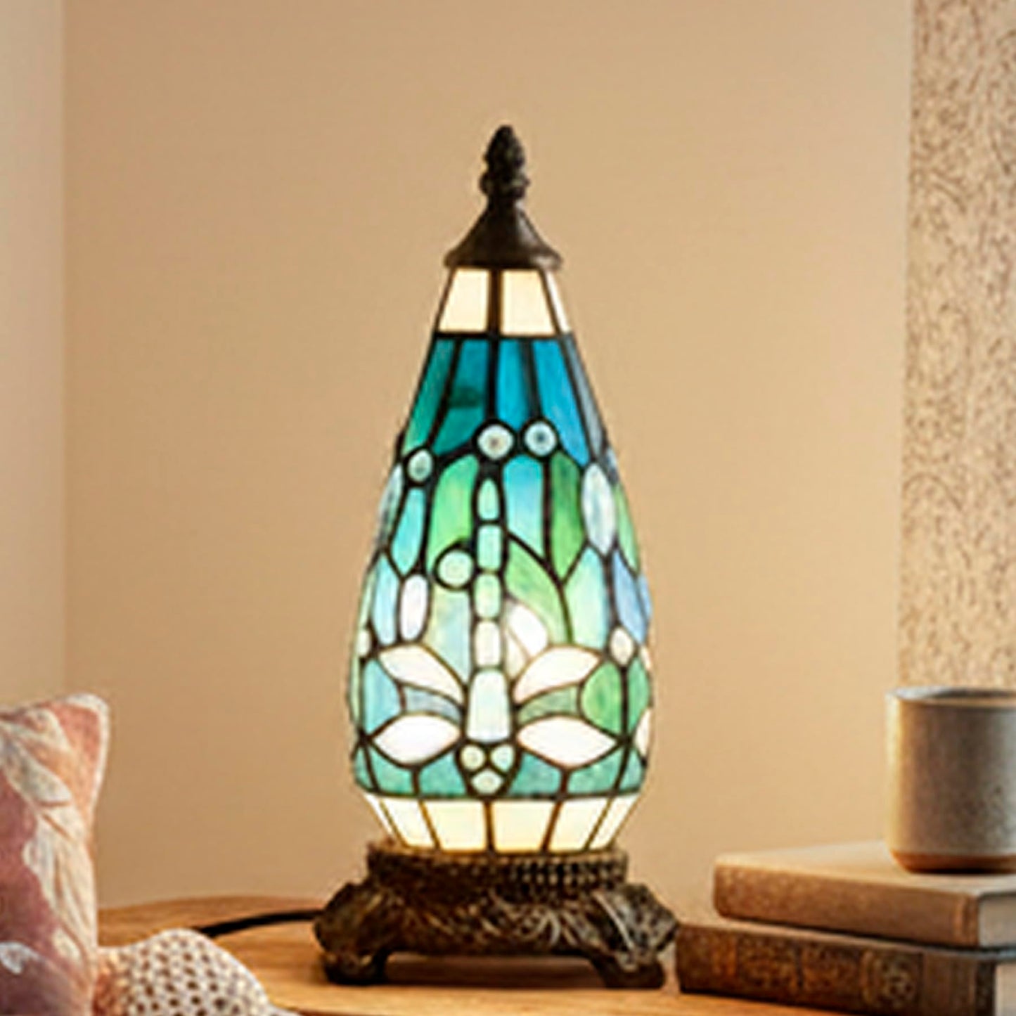 TCODTPOL Small Tiffany Stained Glass Table Lamp 5.5X11 Inch (Green Dragonfly)