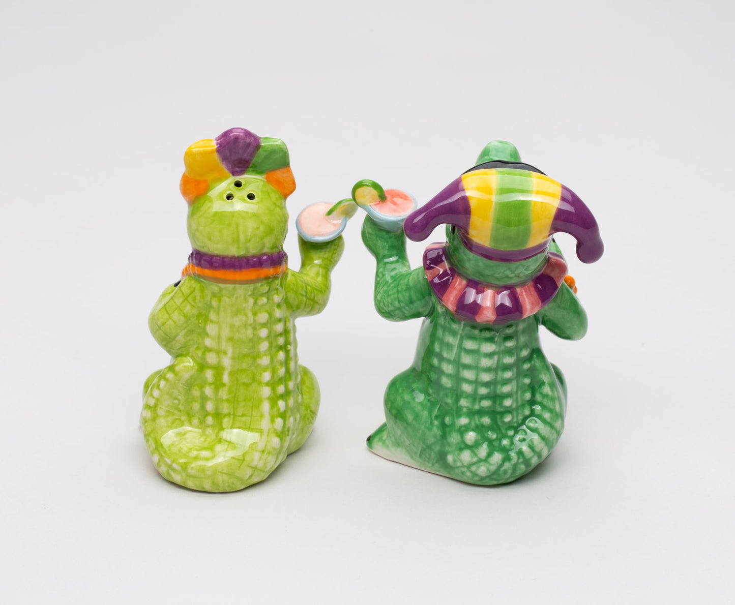Fine Ceramic Mardi Gras Fat Tuesday Masked Crocodille Allegator Salt & Pepper Shakers Set, 3-7/8" H