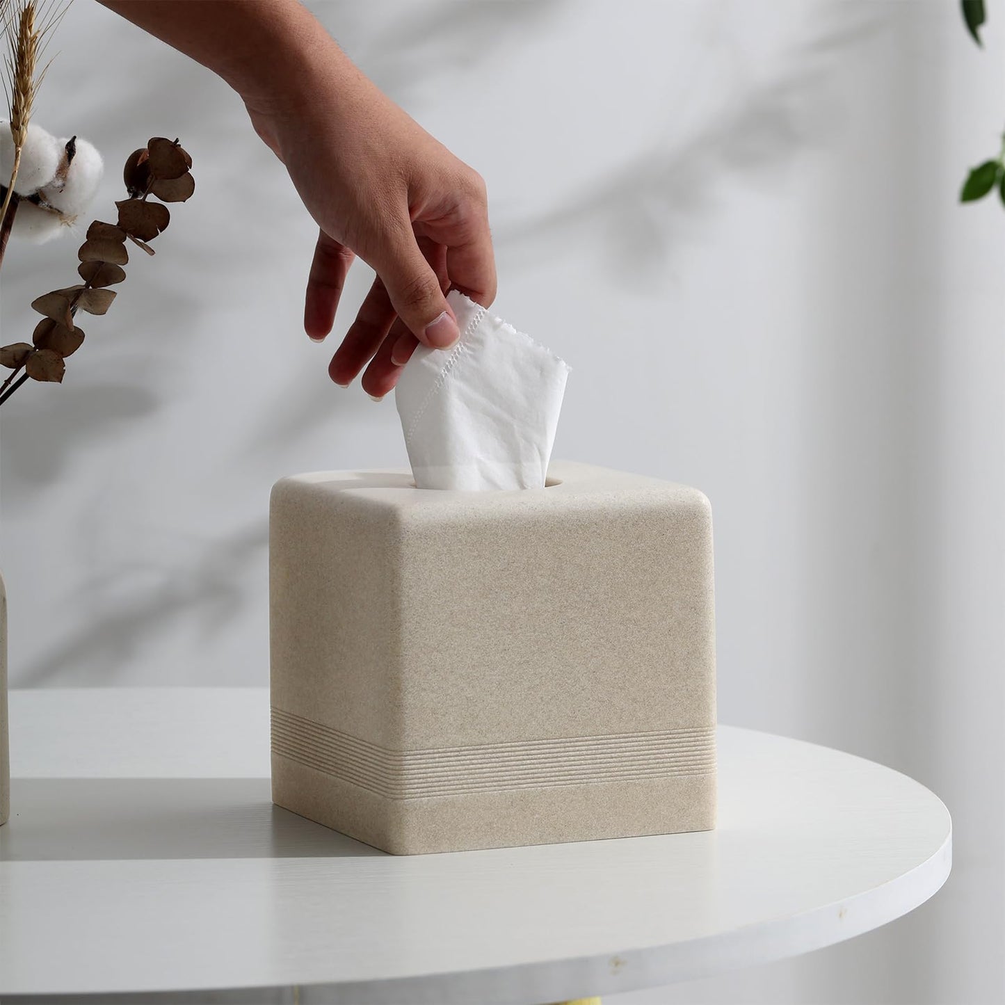 Haocoott Tissue Box Cover Square, Resin Facial Tissue Holder Covers Cube Toilet Paper Holder Case Dispenser Home Decorative for Bathroom Kitchen Bedroom Living Room Office (Beige)