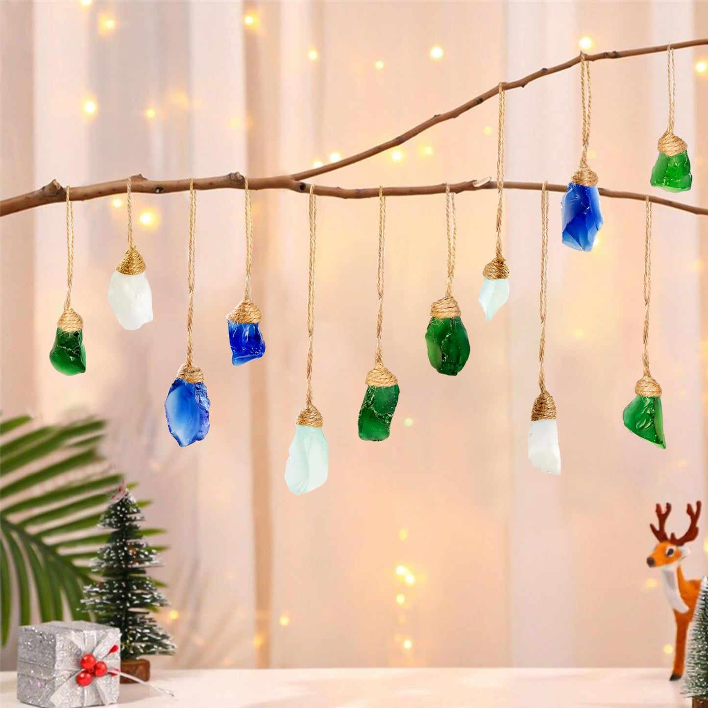 24Pcs Handmade Christmas Sea Glass Block Ornament Pendant, Sea Glass Crafts Coastal Decorative, Beach Seaglass Hanging Ornament Sets for Christmas Tree, Centerpiece, Home Decor Beach Weddings and More