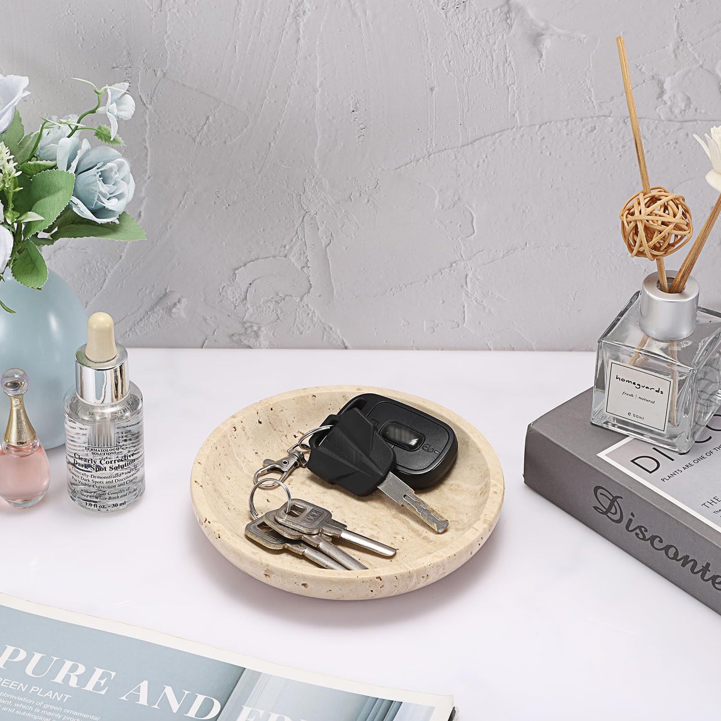 Hipiwe Small Key Bowl for Entryway, 5.5" Round Decorative Ring Holder Dish Natural Travertine Stone Trinket Tray Jewelry Dish Plate Candle Tray for Earring Necklaces Home Decor