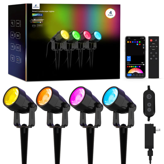 APPECK Landscape Lighting, RGBW Low Voltage Landscape Lights with APP Control, IP65 Waterproof Outdoor Spot Lights, Color Changing Spotlights for Yard, Garden,Trees, Patio & Holiday Decor, 4 Pack