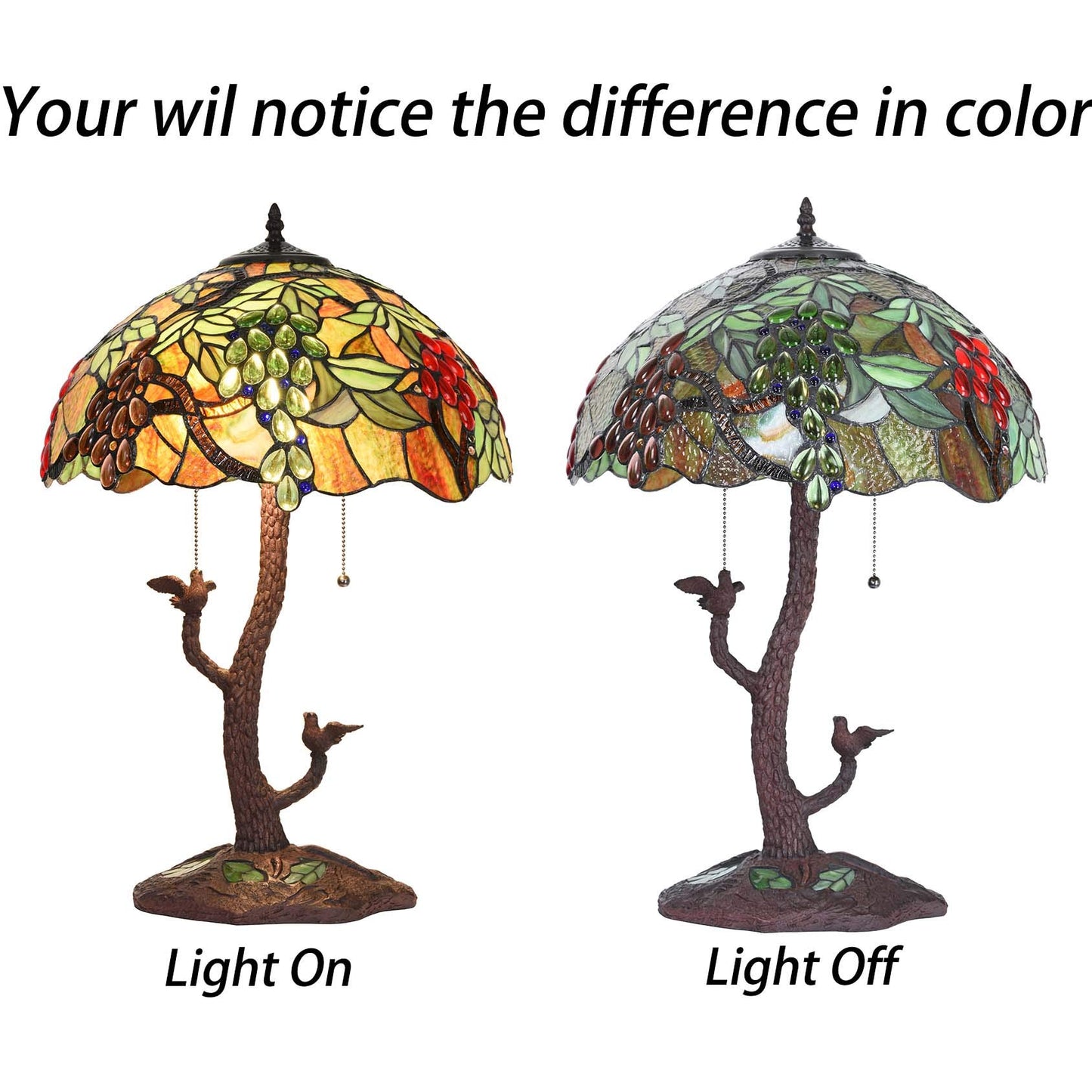 Bieye L10765 Grape Tiffany Style Stained Glass Table Lamp with Tree Trunk Mosaic Base for Living Room Bedside Home Decoration, 24-inches Tall