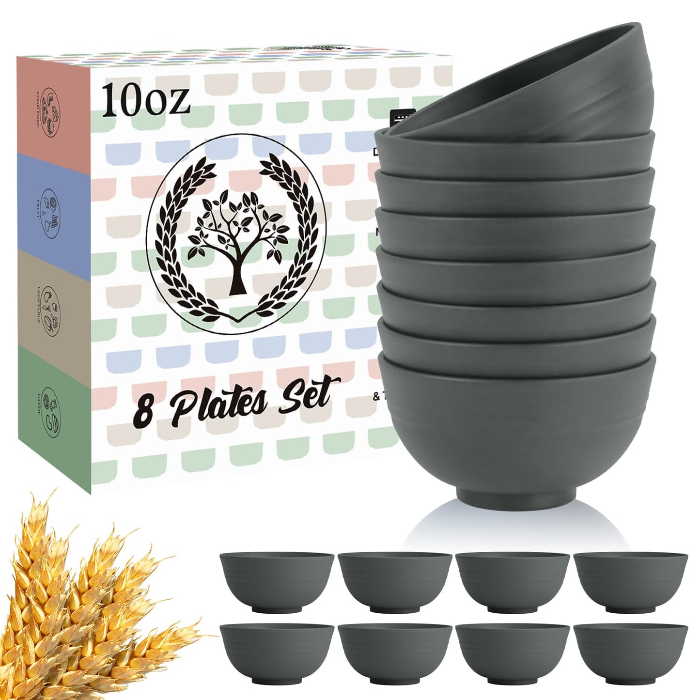 Homienly Wheat Straw Small Bowls, Dessert Bowls for Kitchen, Camping, Party, Unbreakable Mini Bowl Set of 8, 10 OZ Microwave and Dishwasher Safe Appetizer Bowl,Yogurt Bowls Set (Dark Grey)