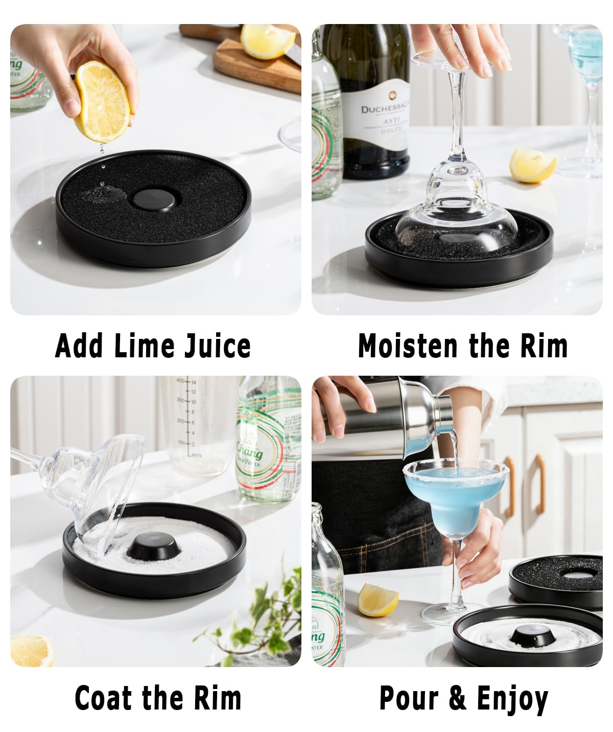 Margarita Salt Rimmer Set, Premium Ceramic Cocktail Glass Rimmer with 3 Bowls & Absorbent Pads, Matte Black Bar Rimmer for Salt, Sugar & Lime Juice, Home Bar & Party Essentials