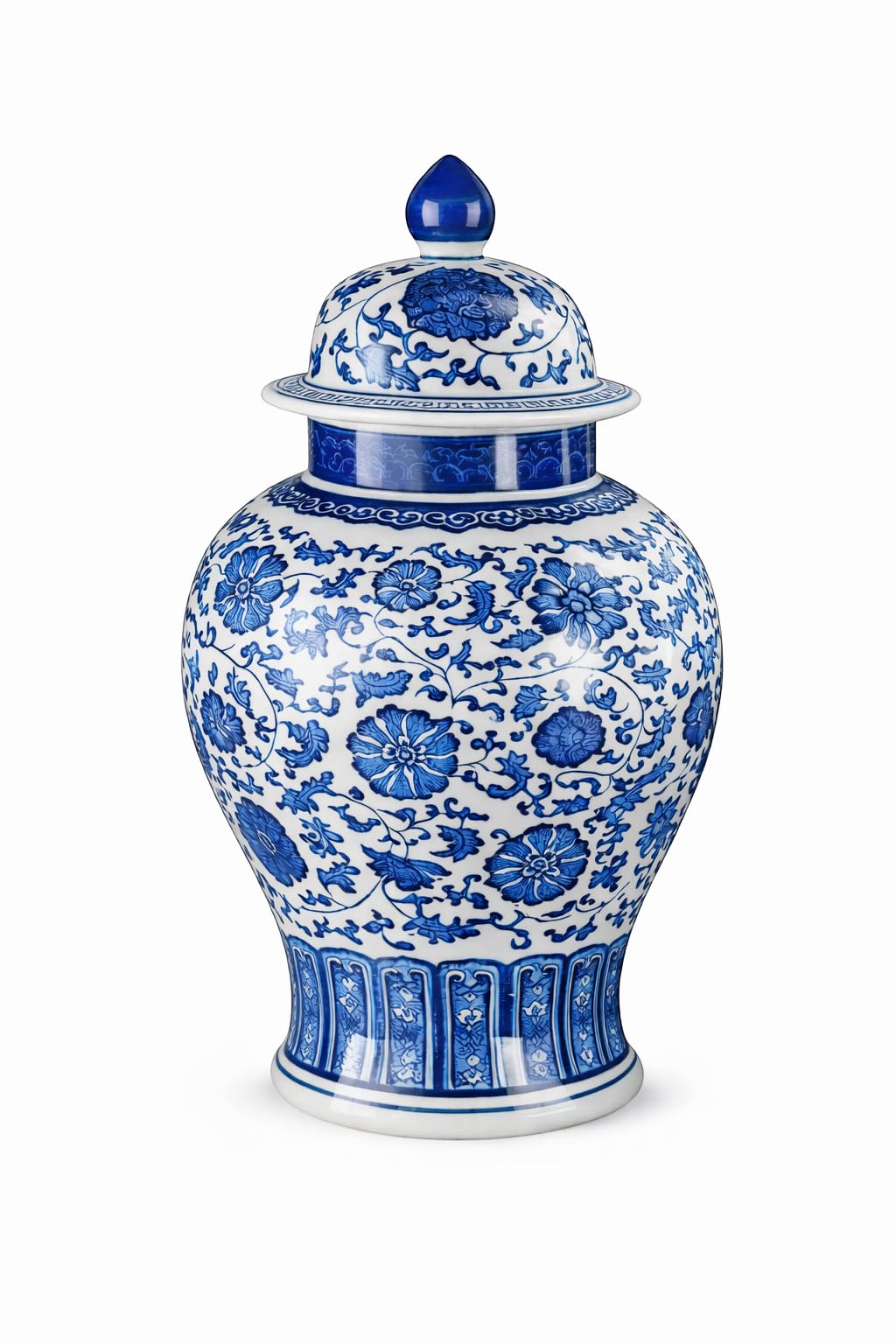 20" Classic Blue and White Porcelain Ceramic Floral Temple Ginger Jar Vase, Large China Ming Style, Jingdezhen