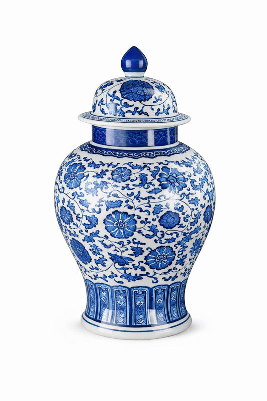 20" Classic Blue and White Porcelain Ceramic Floral Temple Ginger Jar Vase, Large China Ming Style, Jingdezhen