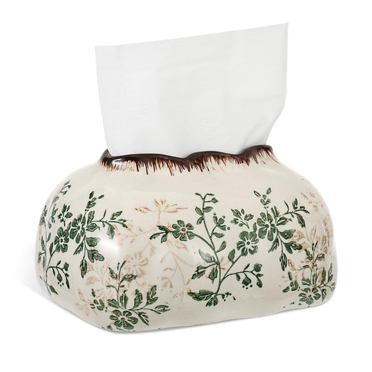 Vintage Floral Ceramic Tissue Box Cover Chinoiserie Decorative Tissue Holder Retro Rustic Farmhouse Napkin Facial Paper Organizer Home Decor for Bathroom Bedroom Living Room Table Desk Office Kitchen