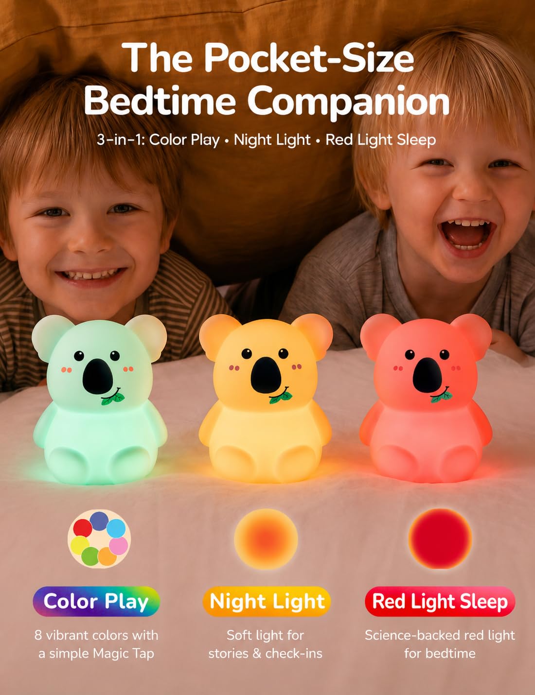 Slumber Pal Mini Koala Night Light for Kids, Silicone Squishy Night Light with 8 Color Changing, Warm Red Glow & Timer, Portable Rechargeable Night Light for Baby Car Seat, Bedroom & Travel