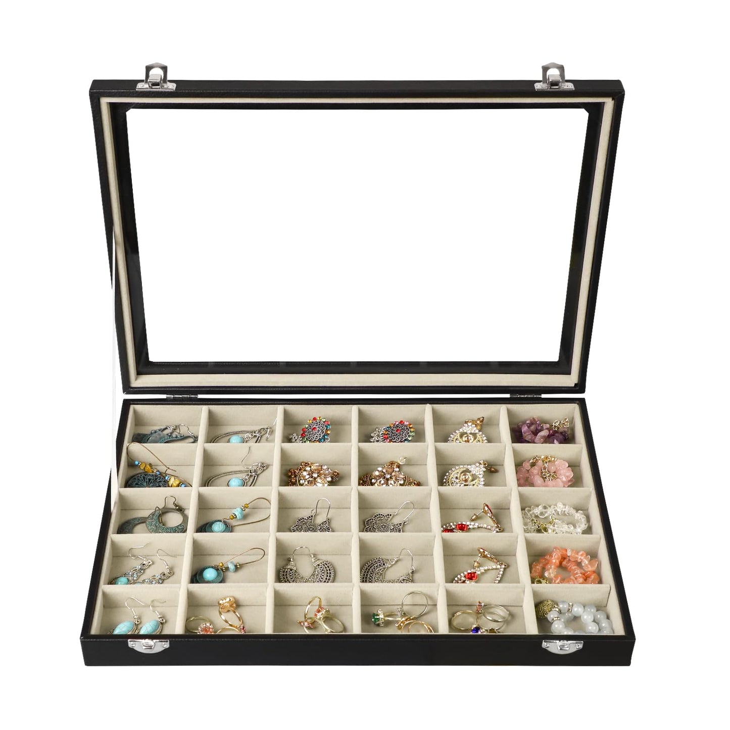 Stratalife 30 Grid Earring Organizer, PU Leather Jewelry Holder Organizer with Clear Lid, Velvet Earring Ring Storage Box for Women Girls Drawer (Beige Black)