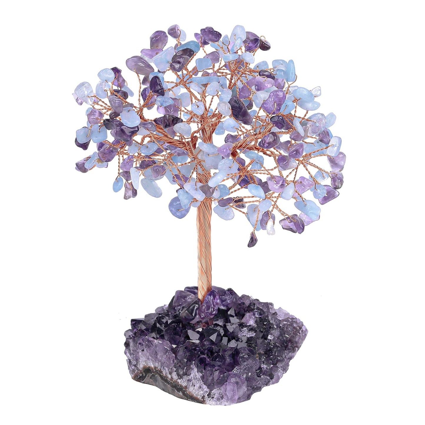 Cheungshing Healing Crystals Money Tree with Natural Amethyst Base, Crystal Stone Feng Shui Bonsai Figurines Tree of Life Decoration for Home Table Office, Amethyst & Aquamarine