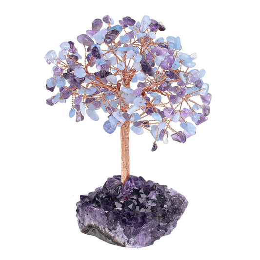Cheungshing Healing Crystals Money Tree with Natural Amethyst Base, Crystal Stone Feng Shui Bonsai Figurines Tree of Life Decoration for Home Table Office, Amethyst & Aquamarine