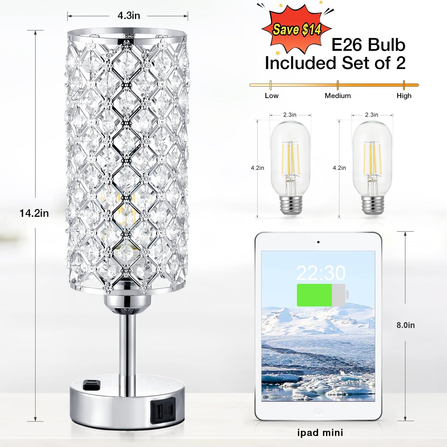 Hong-in Crystal Lamp Touch Control Set of 2, Sliver Crystal Table Lamps with USB C+A Ports & AC Outlet, 3-Way Dimmable Nightstand Touch Lamp, Modern Bedside Table Lamp for Bedroom(Bulbs Included)