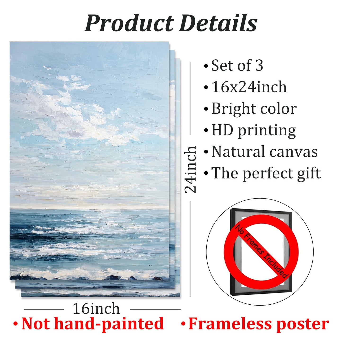 Blue White Pictures Coastal Landscape Posters Blue Gray Abstract Wall Art Modern Seascape Pictures Ocean Skyline Poster Abstract Modern Artwork Minimalist Ocean Wall Art for Bedroom 16x24inx3 No Frame