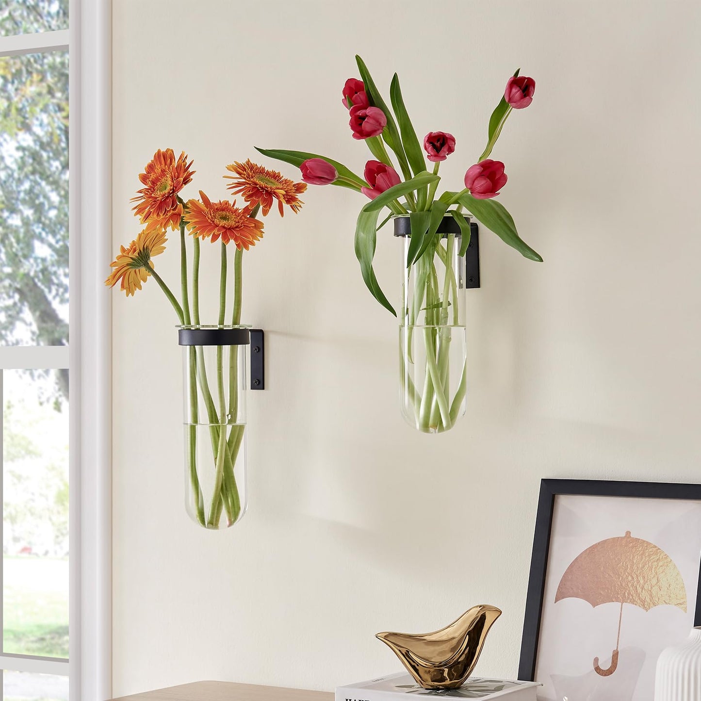 2 Piece Hanging Glass Wall Vase Set, Iron Metal Plant Stand with Clear Borosilicate Glass Tubes, Creative Wall Mount Vase for Flowers, Air Plants, Home Office Wedding Decoration