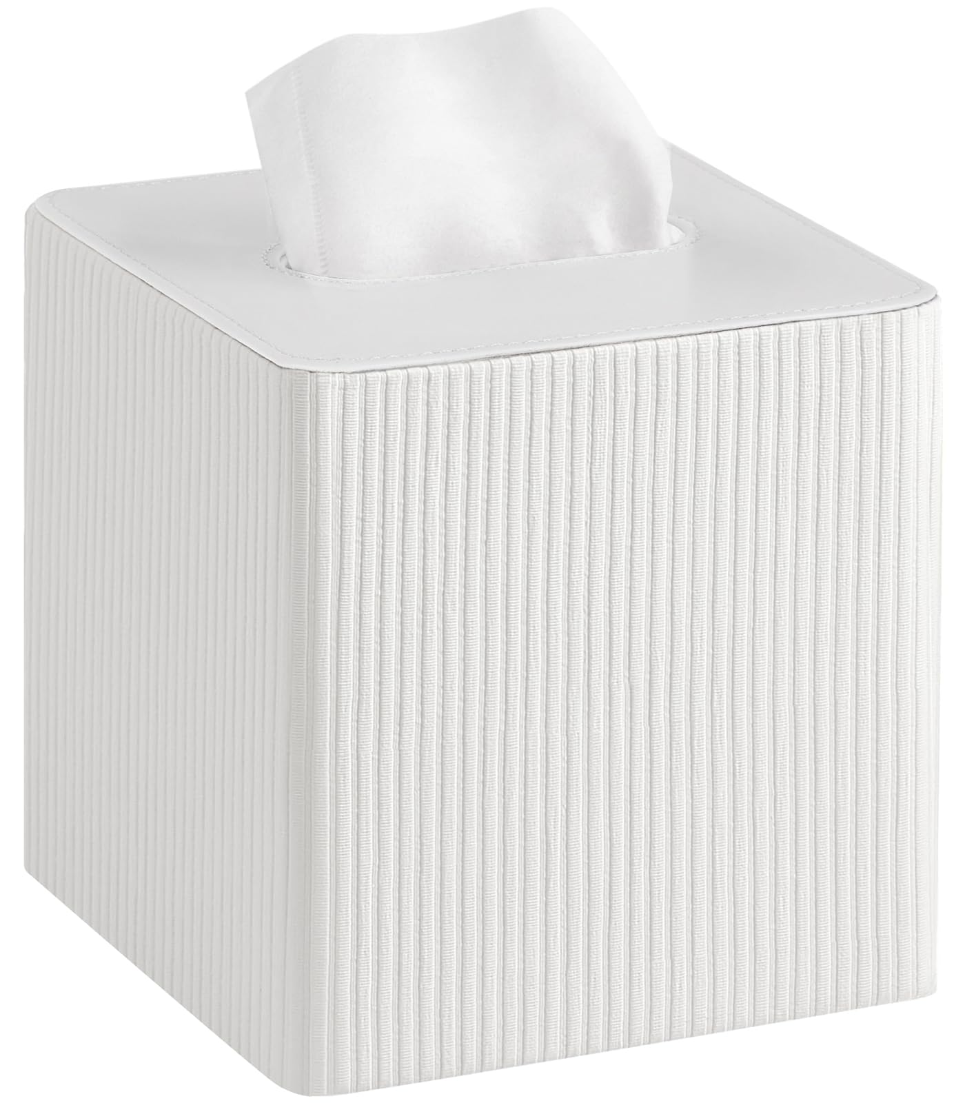 Mkono Tissue Box Cover PU Leather Square Tissue Box Holder with Bottom, Decorative Facial Cube Organizer for Bedroom Bathroom Dresser Vanity Countertop Night Stands Home Office Desk (Ivory)