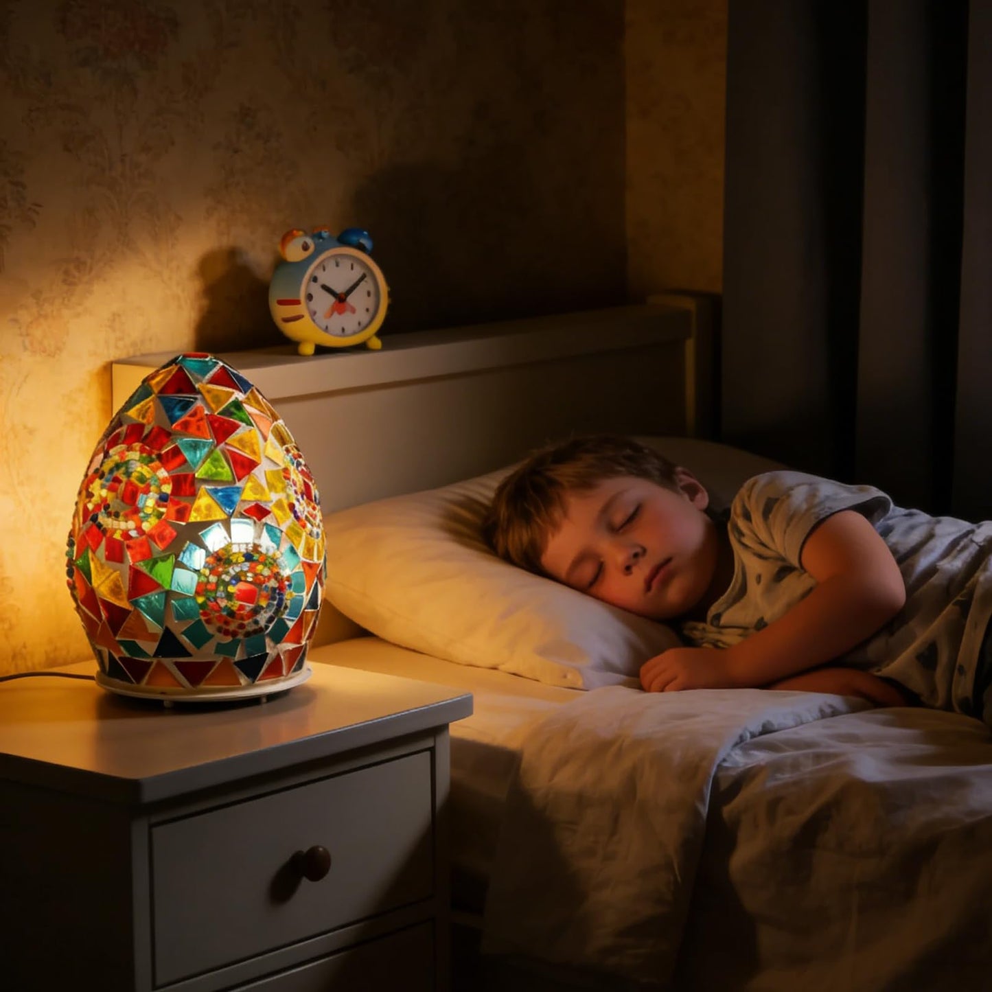 wpdash Rotating Egg-Shaped Tiffany Style Table Lamp (D:4.72" x H:5.91") Stained Glass Light with 360°Spinning Base Mosaic Night Light for Living Room Children's Room Festive Decoration & Gift