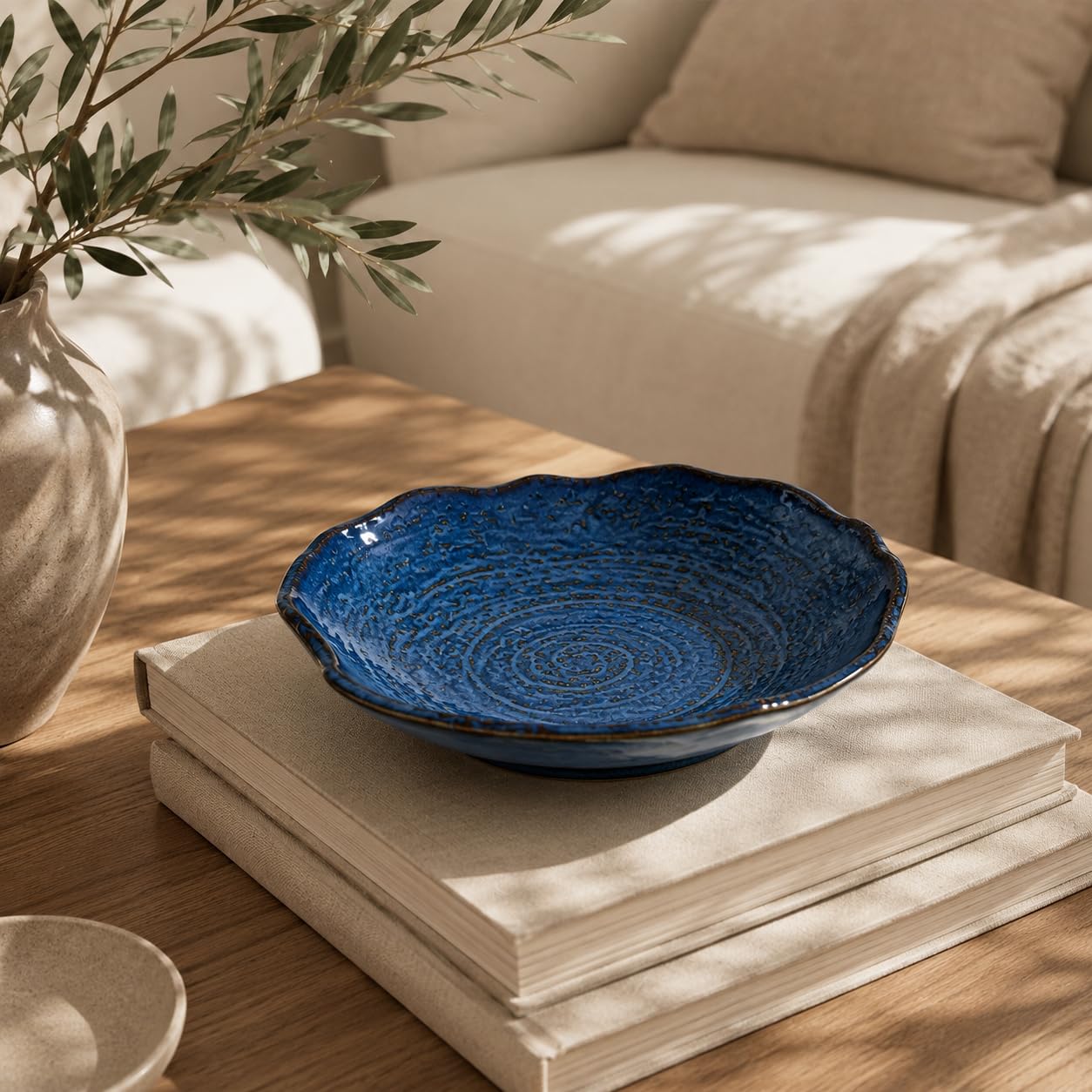 Blue Ceramic Decorative Bowl, 9.65 In Reactive Glaze Style Centerpiece