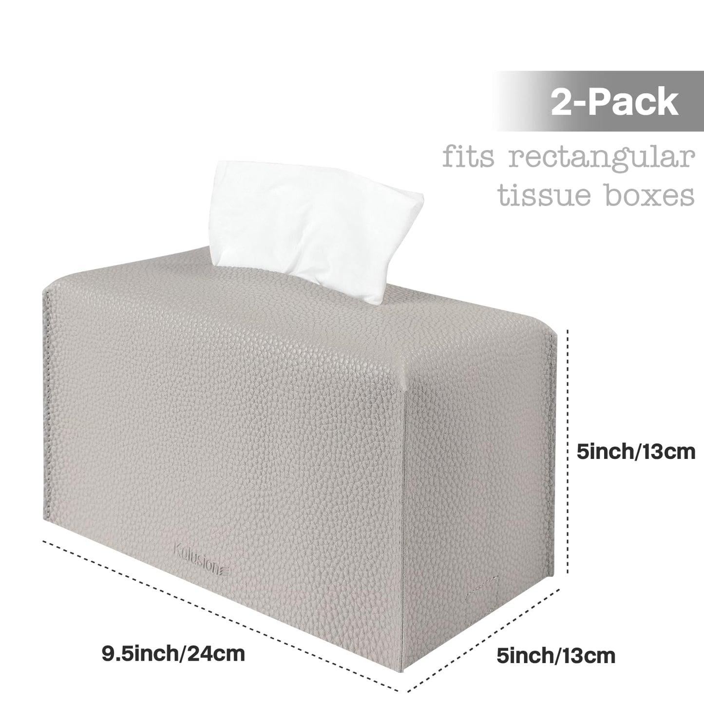 2 Pcs Rectangular Tissue Box Cover, PU Leather Tissue Holder Facial Tissue Case Dispenser for Bathroom, Vanity Countertop, Tabletop, Car, Office,9.5X5X5 Inch - Light Gray