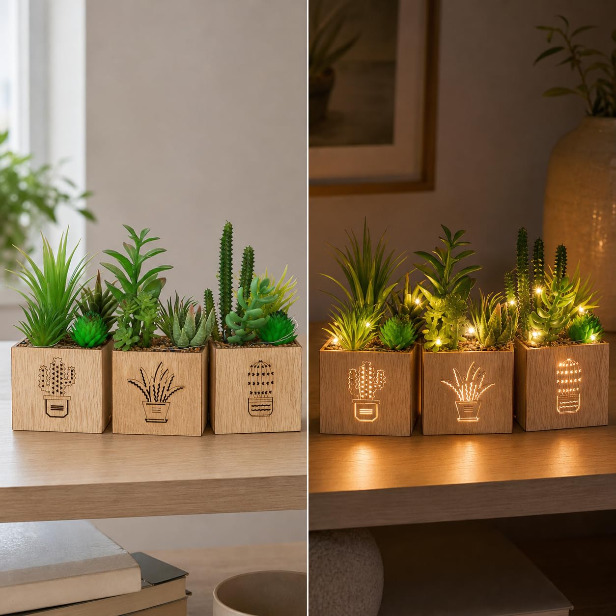 BEGONDIS Artificial Succulents with LED Lights, Set of 3 Fake Plants in Wooden Boxes for Indoor Home Decor, Desk, Shelf, Bedroom and Office