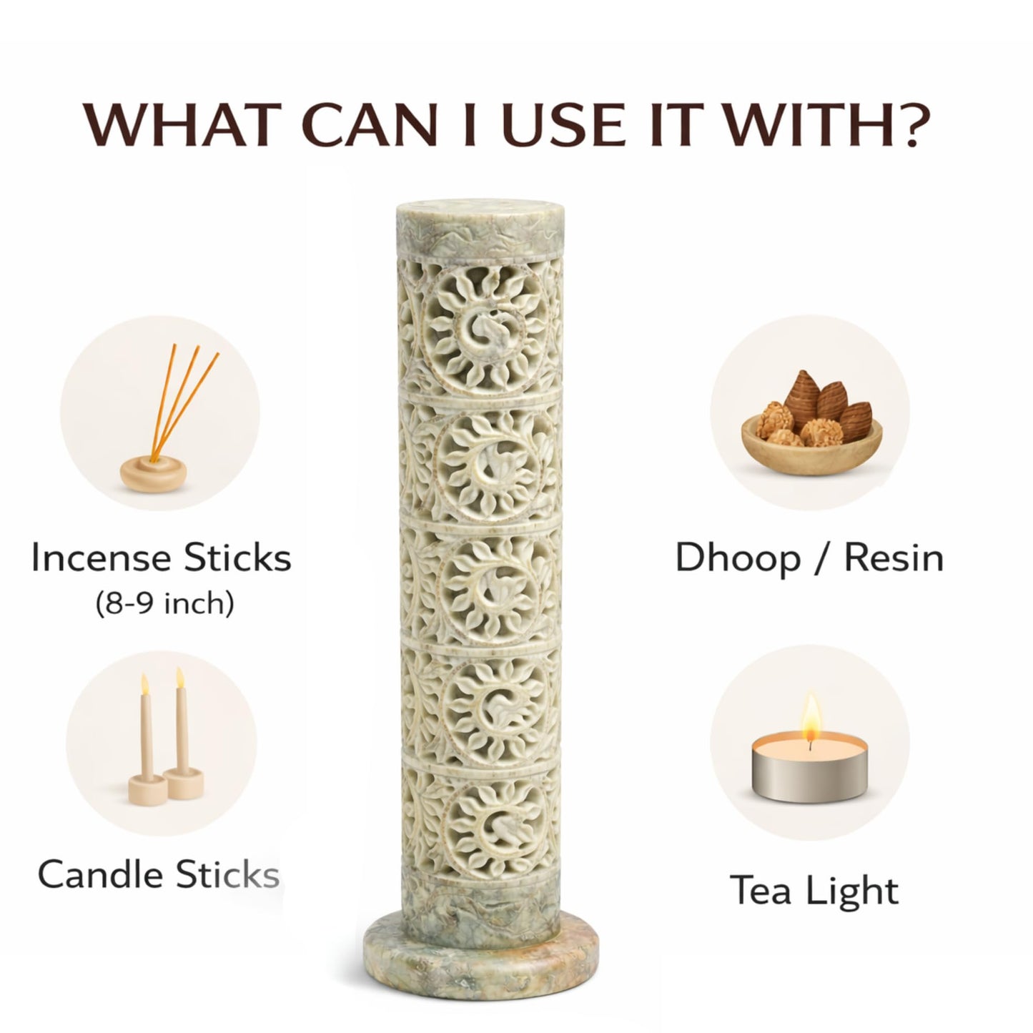 Carry Me Marble Soapstone Incense Stick Holder | Candle Burner | Tea Light Holder - Perfect Handmade Floral Carving for Gifting. Decorative Home and Office Decor.(3 x 3 x 11 Inches)