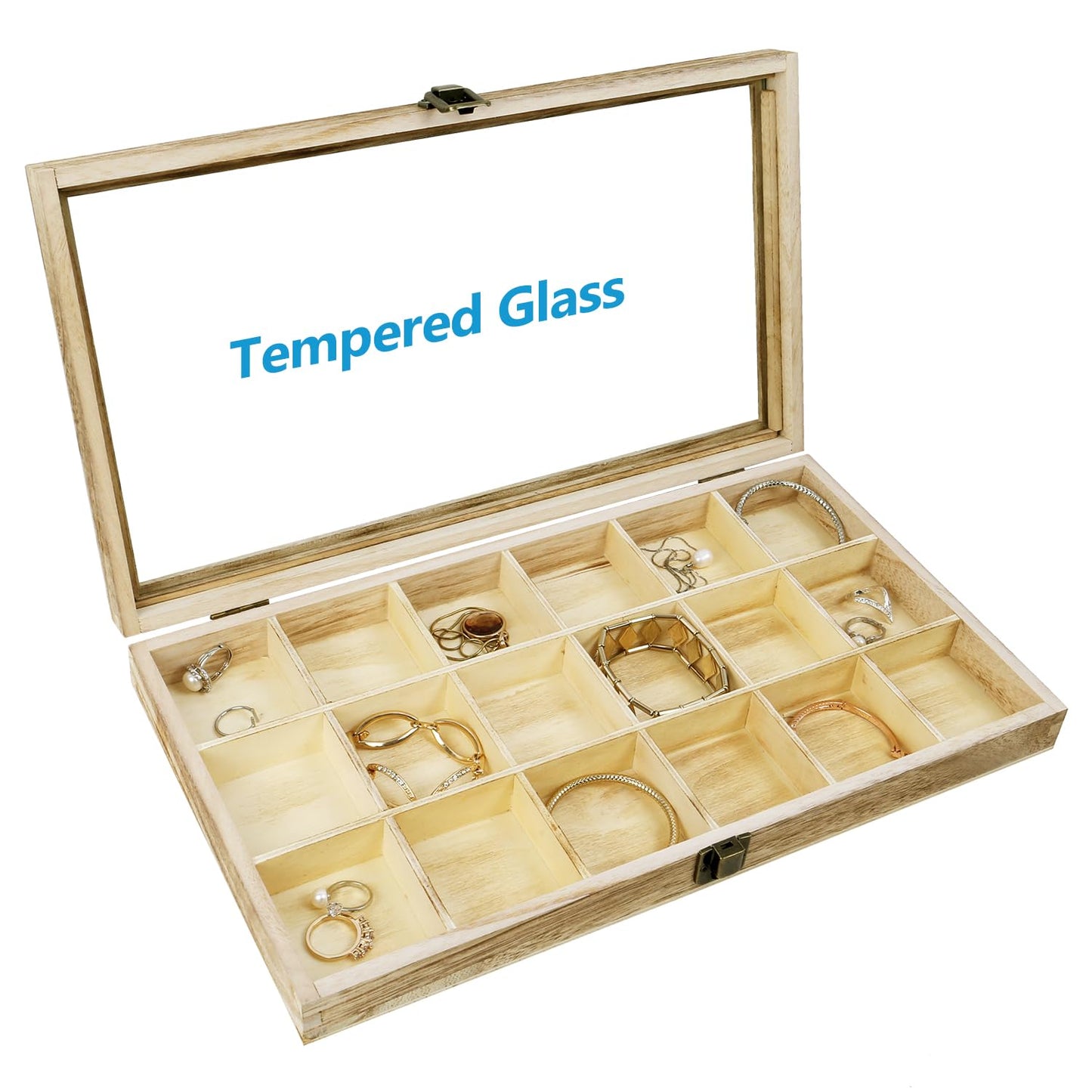 Mooca Wooden Display Storage Case with Tempered Glass Lid for Jewelry and Beads with 18 Compartments Tray, Oak Color, 15" W x 8 3/4" D x 2" H