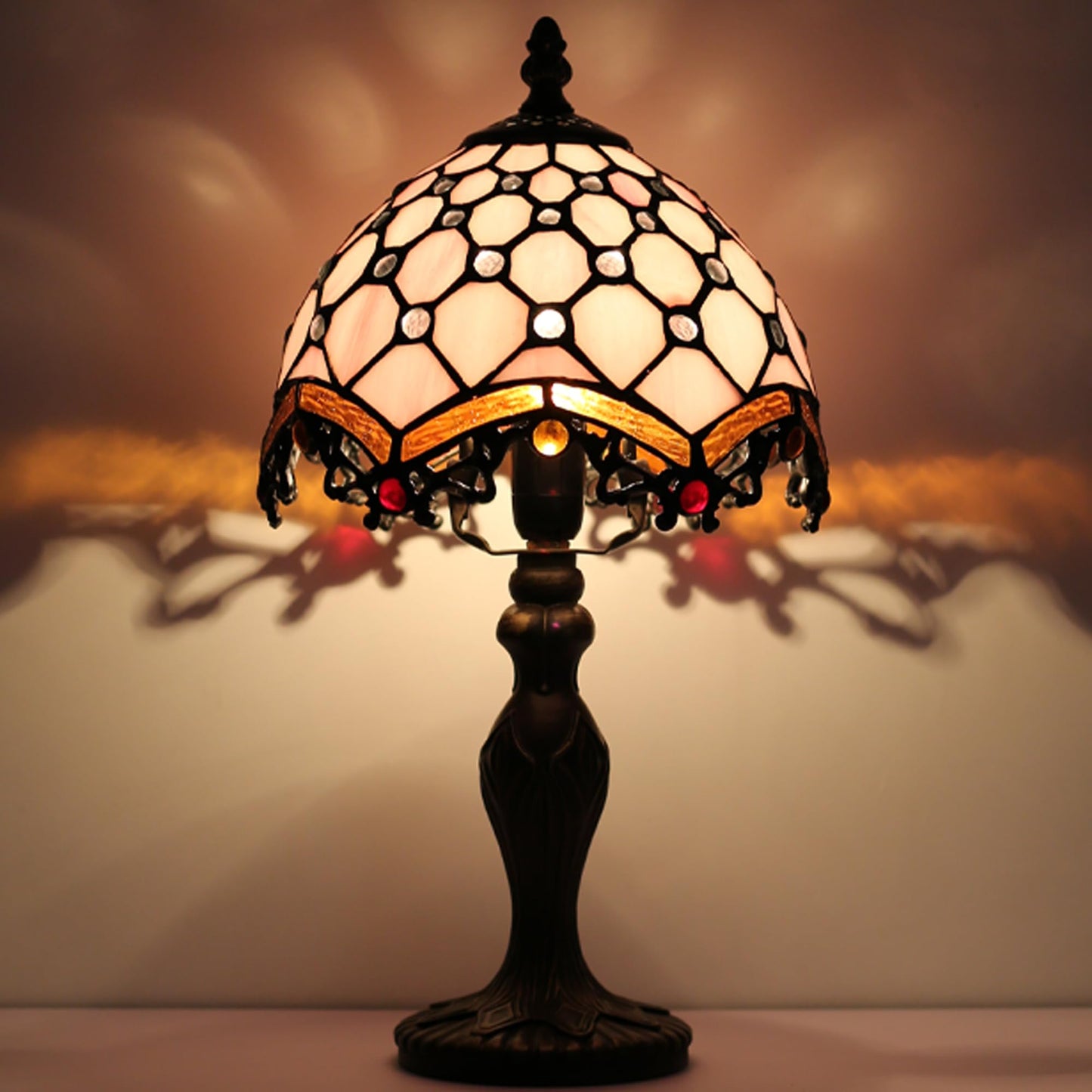 LUSTIX Small Tiffany Table Lamp Stained Glass Memory Lamp Pink Pearl Style