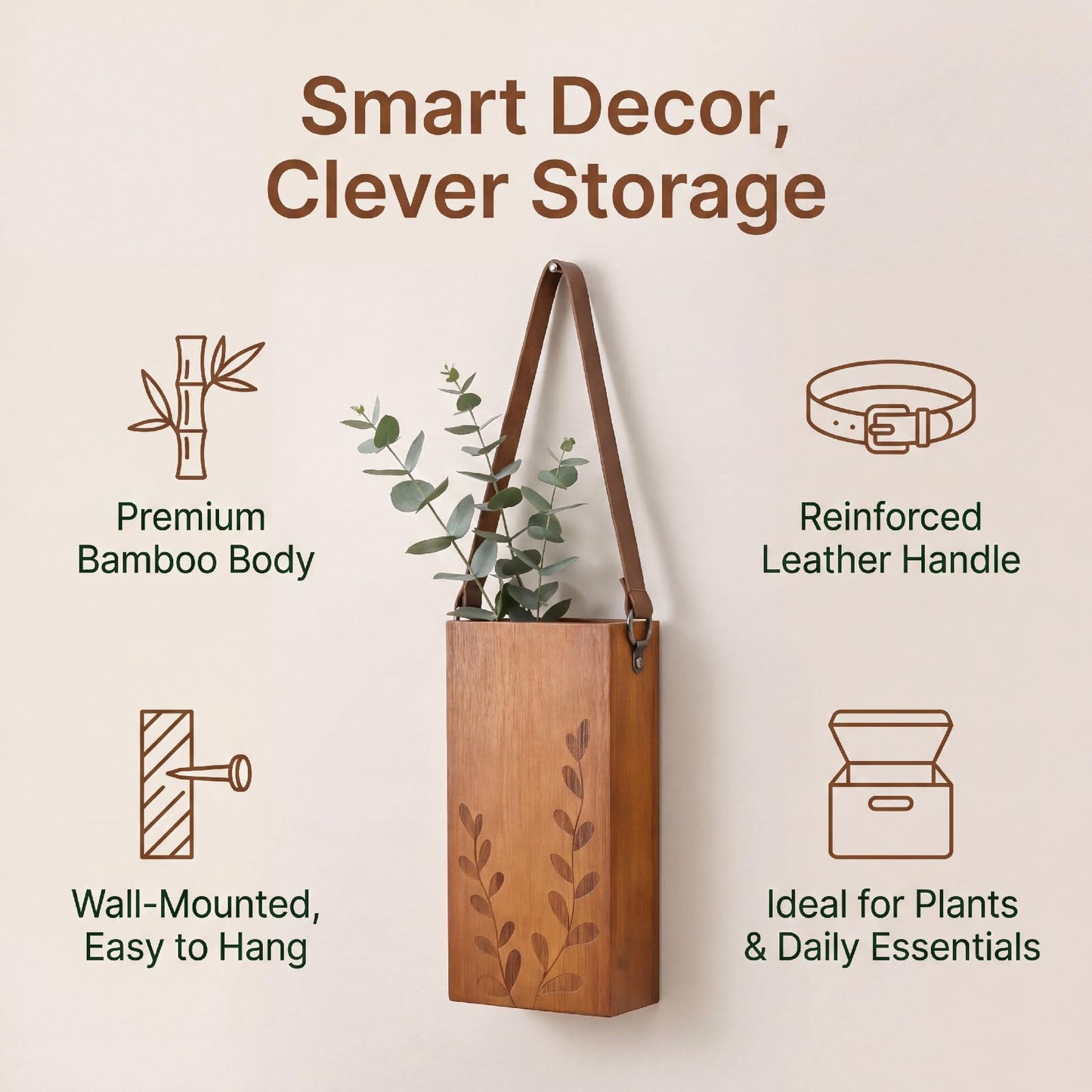 Set of 2 Bamboo Wall Planters Indoor Plants Brown Wood Wall Vase with Durable Leather Handle Boho Wall Decor Living Room Hanging Propagation Stations for Dried Flowers Paintbrushes
