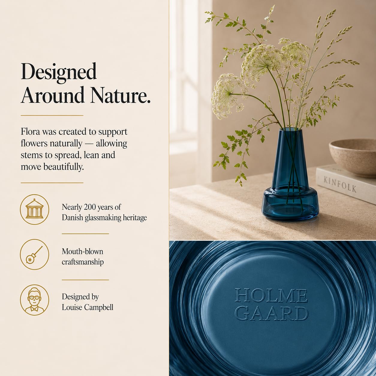 Holmegaard Flora Vase, Dark Blue, 4.7" H x 3.3" D, Designed by Less Limits v/Louise Campbell, Gift Box Included