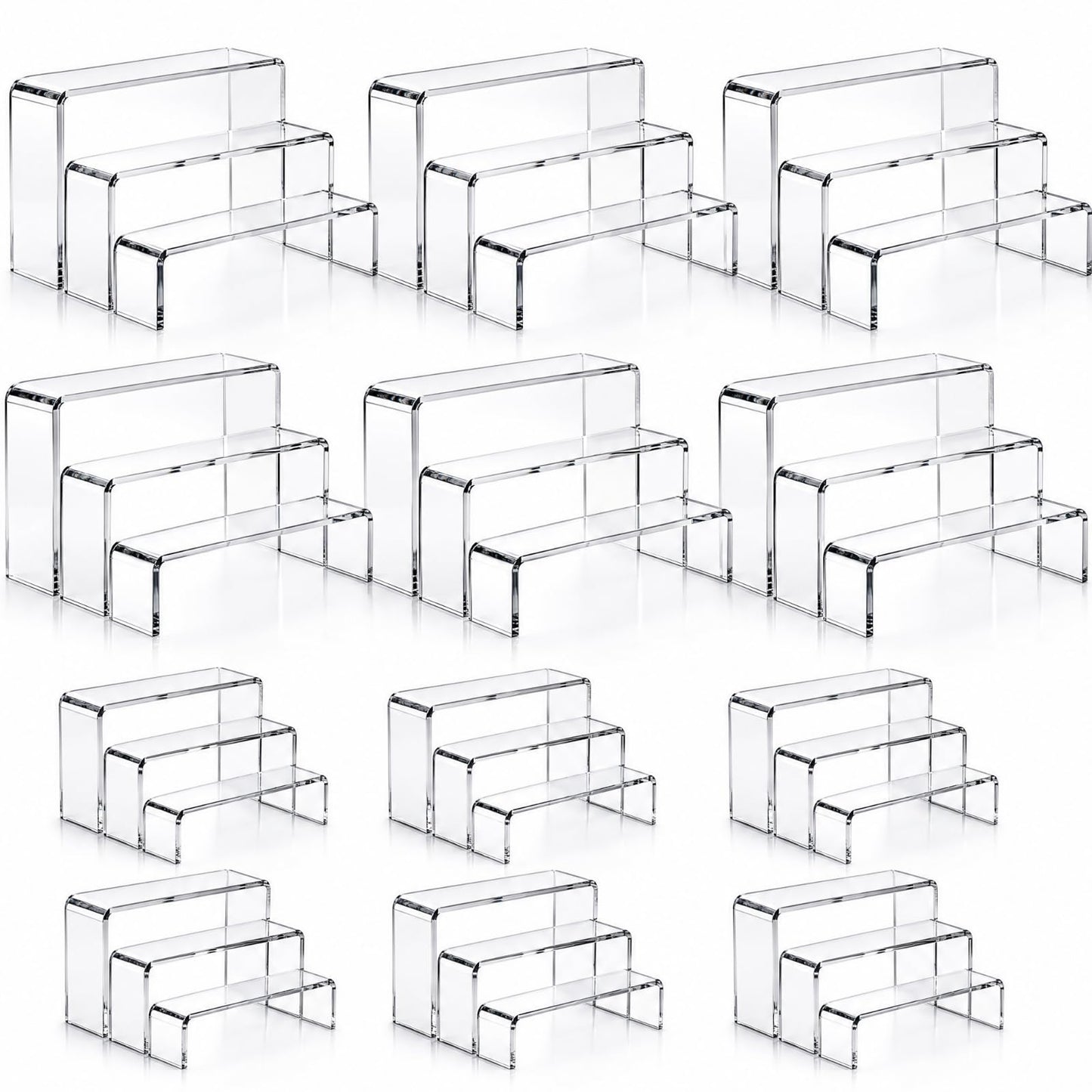 Sintuff 36 Pcs Acrylic Risers Clear Rectangular Display Stands ( 3.4”L~4”L~5”L) Showcase Collectibles Display Stands for Figures Perfume Organizer, Figures, Jewelry, Dessert, Cupcake