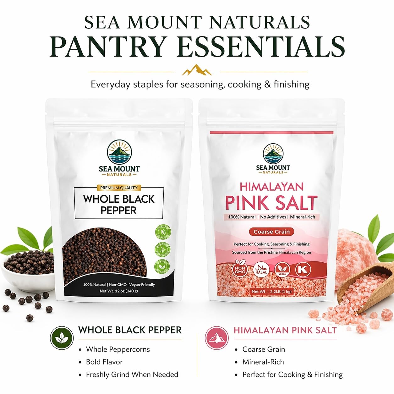 Sea Mount Naturals Whole Black Tellicherry Peppercorns 12 oz & Himalayan Pink Salt (Coarse Grain) 2.2 lb | Pink Salt & Pepper Grinder Refill Combo I 2 Piece Set