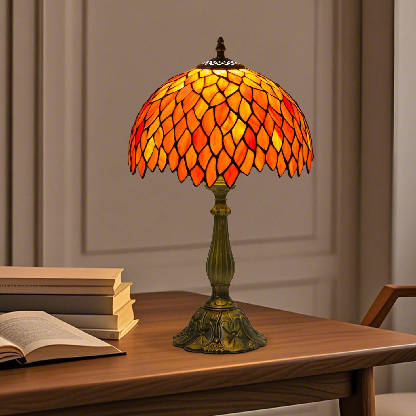 Crefotu 12 Inch Tiffany Table Lamps with Remote Control, Stained Glass Lamp with Stepless Dimmable Colors Temperature & Brightness for Living Room Bedroom Office, 9W Bulb Included (Orange)