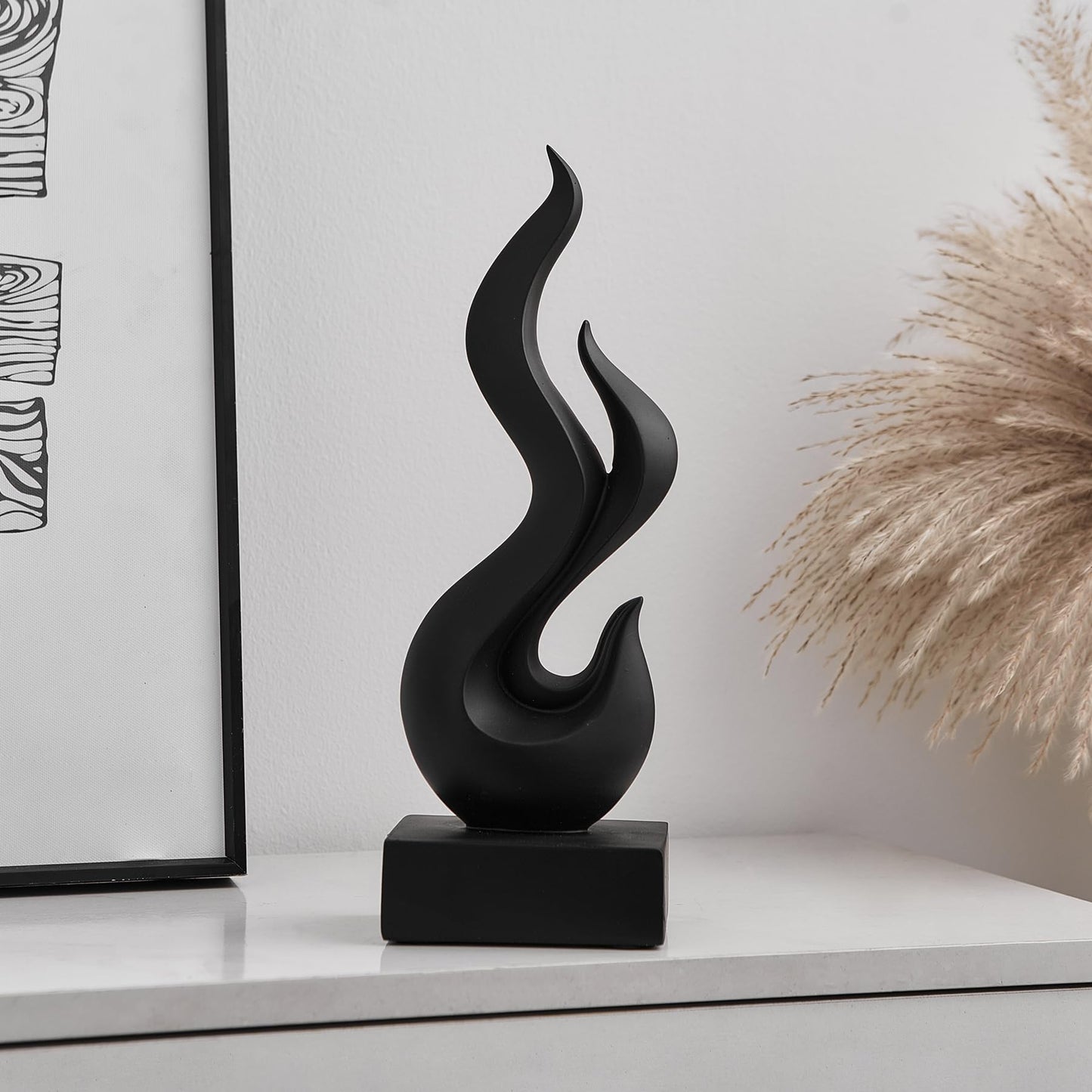 Modern Abstract Art Table Decoration, Gold Decor Flame Statue for Living Room Home, Black Shelf Decor Accents, Abstract Art Resin Sculpture for Dining Room, Office & Coffee Table Centerpiece (Black)