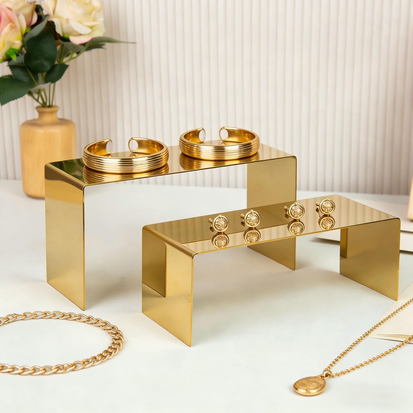 Purse Display Stand, 3pcs Gold Risers Display Stands Stainless Steel, Heavy Duty 22lb Countertop Shoes Stand Handbag Tiered Risers for Home Boutique Retail Store Vendor Display Bags Perfume Jewelry Craft