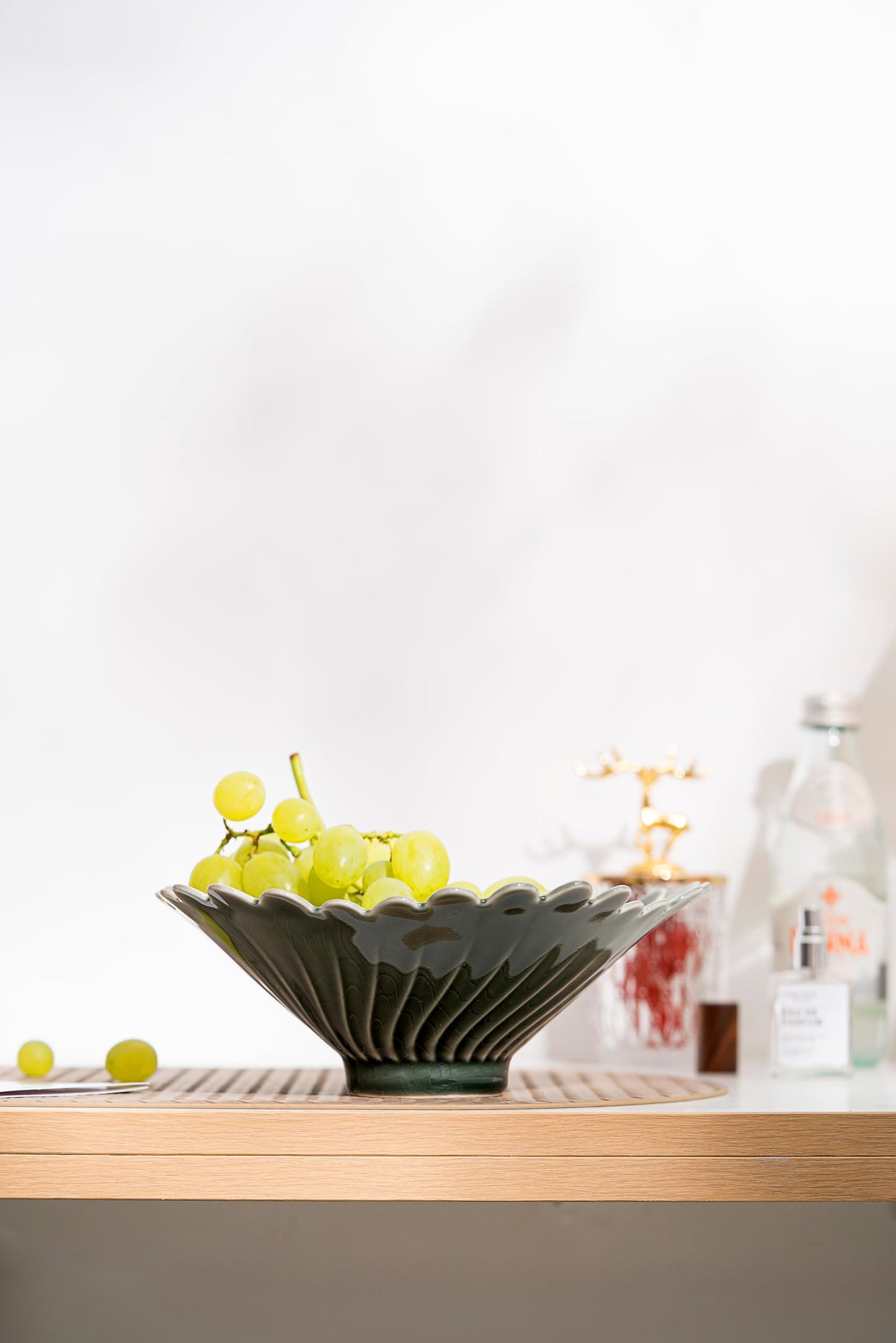 Modern Fruit Bowl - 9" Ceramic, Green, Kitchen Counter Decorative Bowl