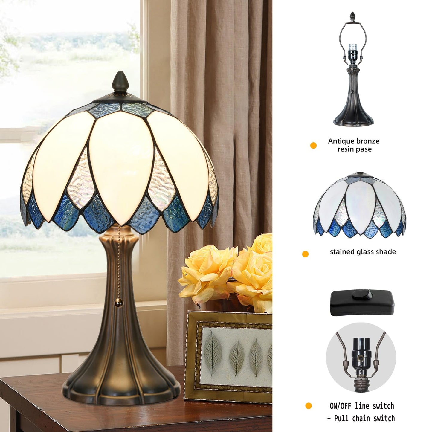 HomeBeauty TL0014 Tiffany Table Lamp Handmade Stained Glass Blue & White Lotus Bedside Lamp Bending Glass Reading Desk Light 9.5 X 16.5 Inches for Bedroom Living Room Home Office (Blue &White)