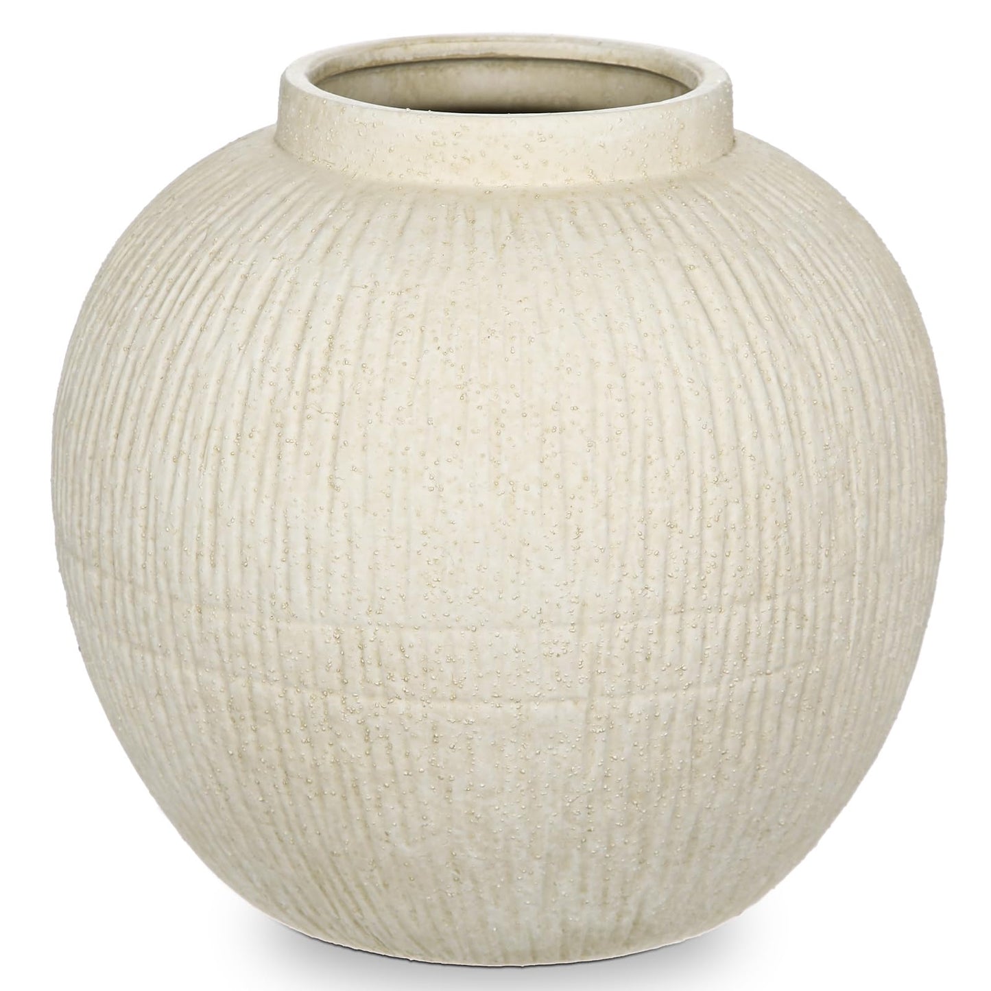 9" Large Rustic Vase with Linear Sculpture and Rich Sand Texture, Round Ceramic Vase with Wide Belly for Space Filling Decor, Retro Style & Beige White