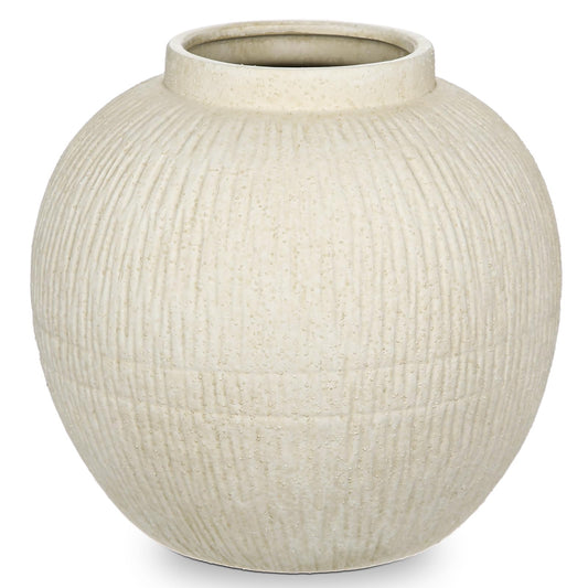 9" Large Rustic Vase with Linear Sculpture and Rich Sand Texture, Round Ceramic Vase with Wide Belly for Space Filling Decor, Retro Style & Beige White