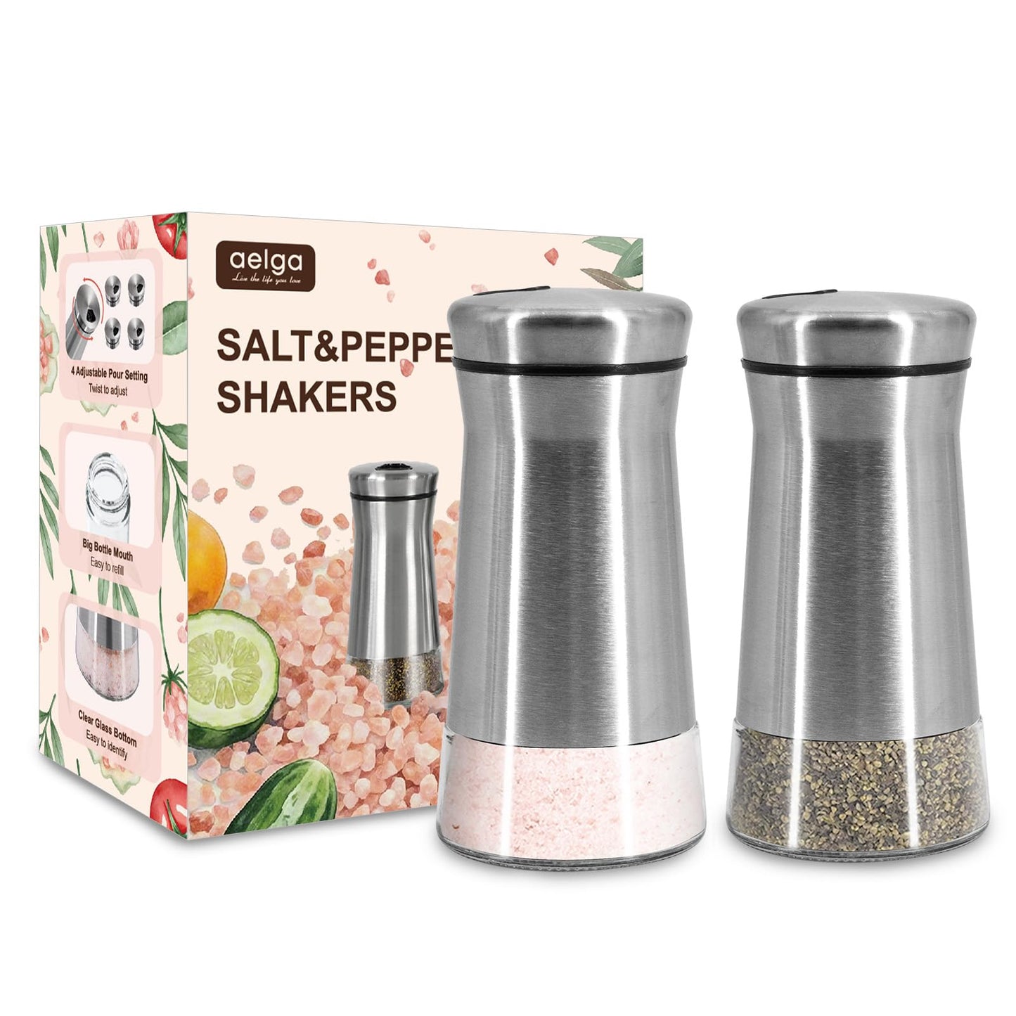Farmhouse Salt and Pepper Shakers with Adjustable Pour Holes, Refillable Salt Shaker by Aelga, Ideal for Himalayan, Kosher, Black and White Pepper