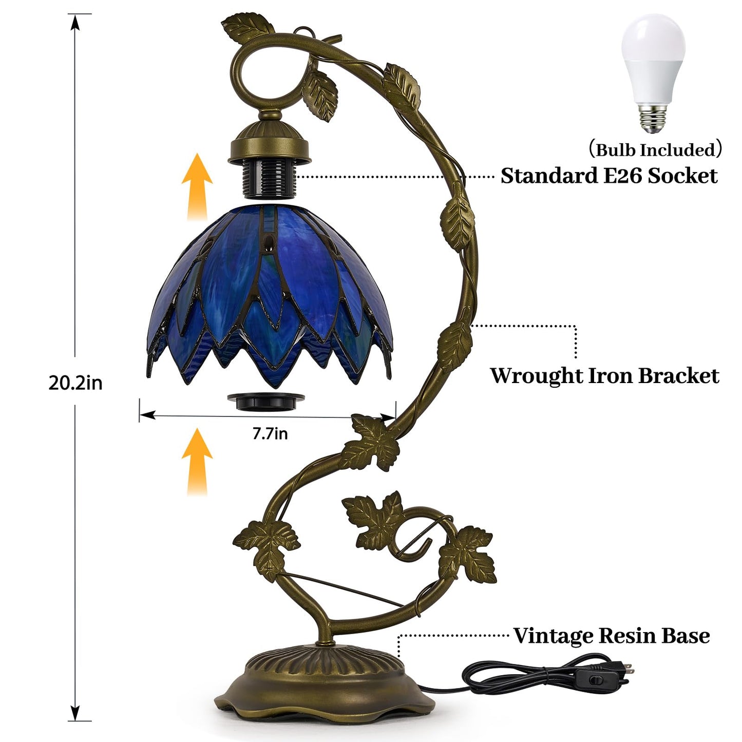 Drqvonth Tiffany Table Lamp, Blue Petal Stained Glass, Metal Leaf Base