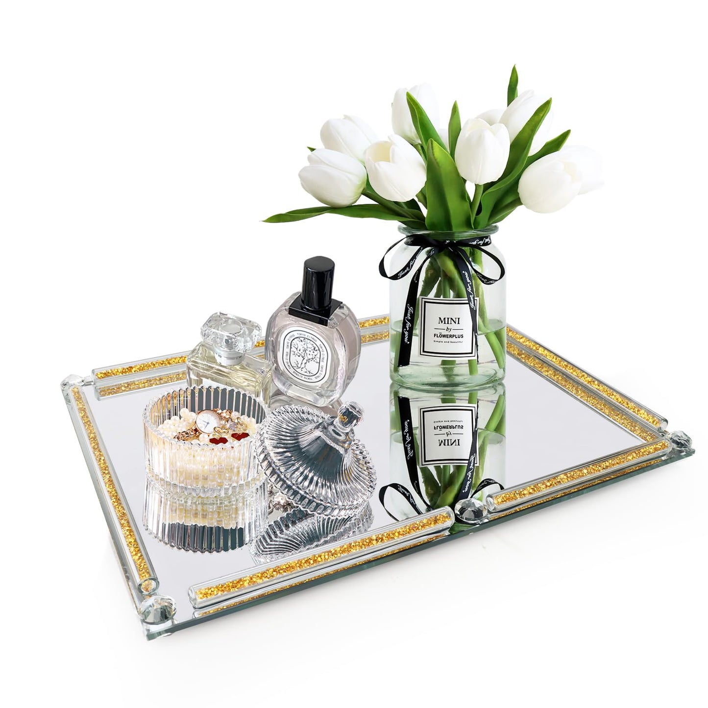 YCWF Large Mirror Perfume Tray for Dresser,Crushed Diamond Filled Glass Vanity Tray,Gold Decorative Bathroom Tray,Crystal Tray for Home Decorative,Party,Hotel Banquet,15.7x11.8x1.4inch,Gold