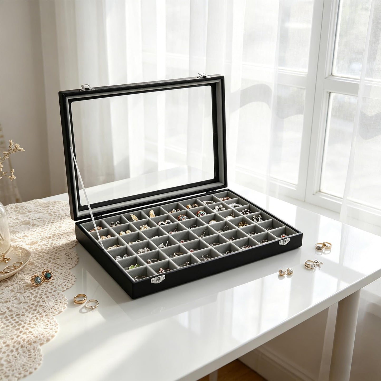 Stratalife Jewelry Organizer 48 Grid Jewelry Tray with Clear Lid Dust-proof Velvet Earring Organizer Necklace Rings Holder Display Drawer Storage Case for Women Gray Black